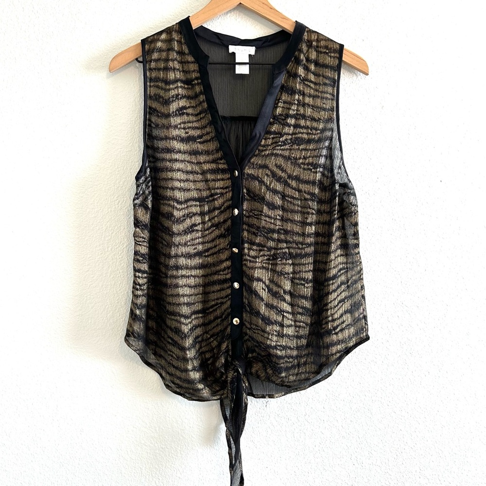 Cache Animal Print Sheer Sleeveless Top Silk Blend Black & Gold size Large